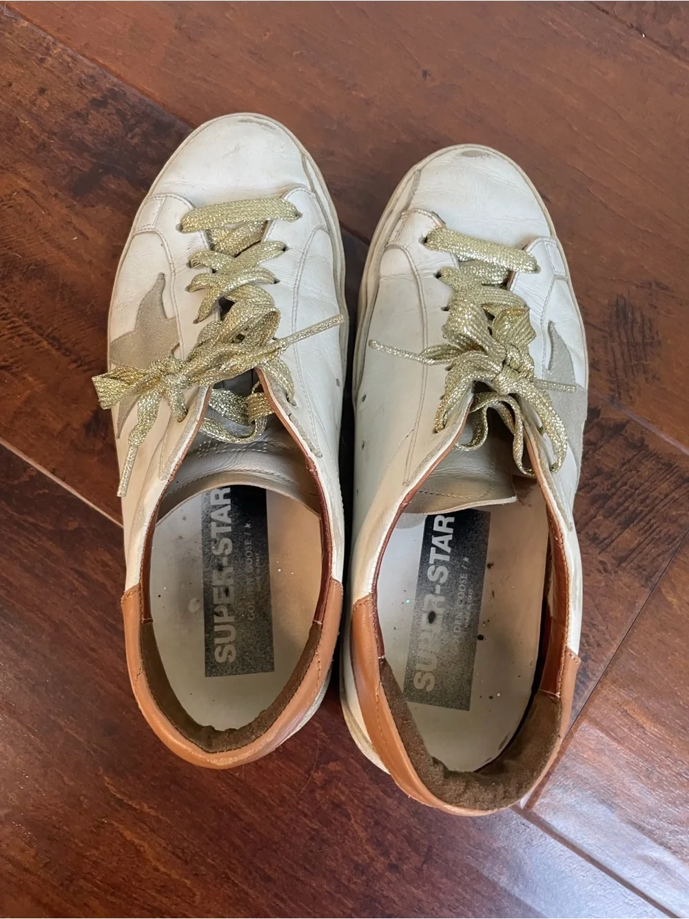 Golden Goose White & Tan Superstar Sneakers with Gold Star Size 40 (9.5 or 10) - Picture 7 of 8